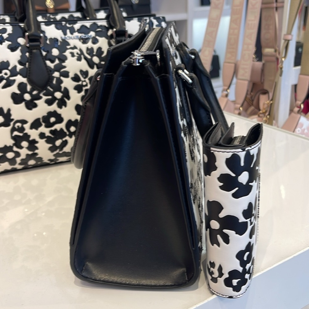 Michael Kors Sheila Md Sequined Floral Print CZ Satchel & JST Md Bi-Fold Wallet - Picture 6 of 16